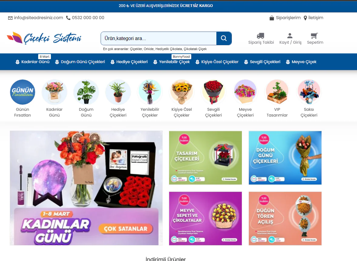 Çiçekçi İnternet Sitesi (GELİŞMİŞ E-TİCARET MODÜLLÜ - Yeni Dil Sistemli)